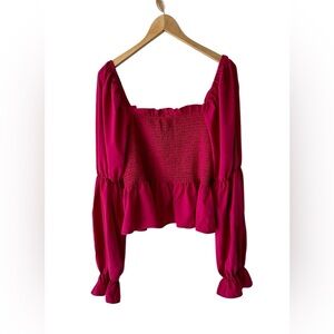 Flying Tomato Blouse Peplum Hot Pink Smocked Square Neck Shirt Sz. XL